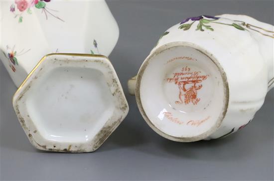 A Rockingham porcelain Royal Botanical Plants & Flies milk jug and a hexagonal baluster vase and cover, c.1830, H. 10.7 and 12.3cm, fau